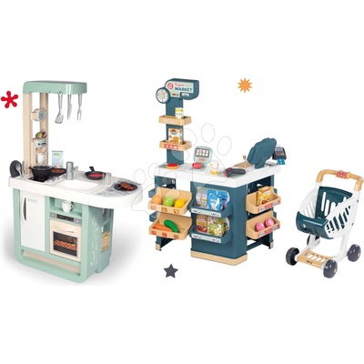 Smoby Cherry Kitchen Green set kuchynka so zvukmi s elektronickým supermarketom a nákupným vozíkom