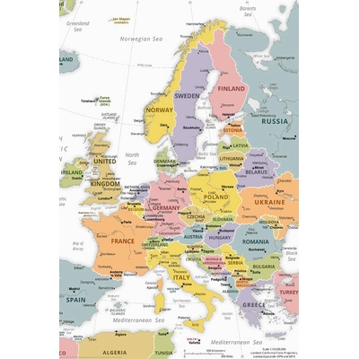 Plakát, Obraz - Mapa Evropy - politická, 61 × 91.5 cm
