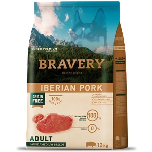 Bravery iberian pork adult dog medium & large, натурална, хипоалергенна храна, БЕЗ ЗЪРНО за пораснали кучета от средни и едри породи над 1 година, с иберийско свинско месо, Испания - 12 кг