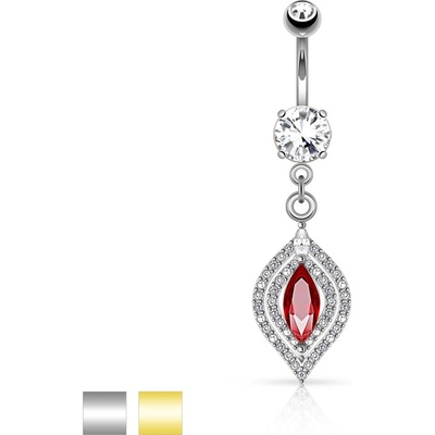 Šperky eshop piercing do pupíku z oceli červený zirkon čiré zirkony dvě barevné kombinace R04.18 zlatá
