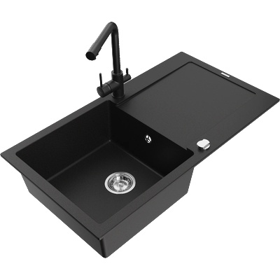 Mexen Leo гранитна кухненска мивка 1-отделение с дренаж и кухненски смесител Duero, черен - 6501-77-671600-70 (6501-77-671600-70)