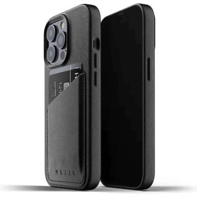 Mujjo Leather Wallet Case - кожен (естествена кожа) кейс с джоб за кредитна карта за iPhone 13 Pro Max (черен)