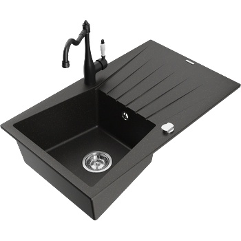 Mexen Cesar гранитна мивка с 1 корито с отцедник и кухненски смесител Carla, черно/златен металик - 6514-75-670700-70 (6514-75-670700-70)