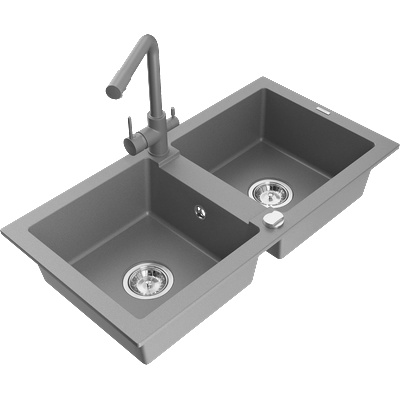 Mexen Mario гранитна мивка с 2 отделения и кухненски смесител Duero, сив - 6504-71-671600-71 (6504-71-671600-71)