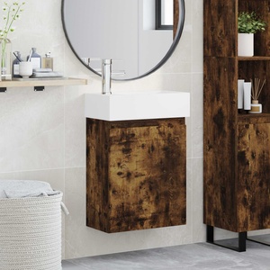vidaXL Мивка за баня със смесител Опушен дъб 45, 5 x 25, 5 x 84 см (889486)