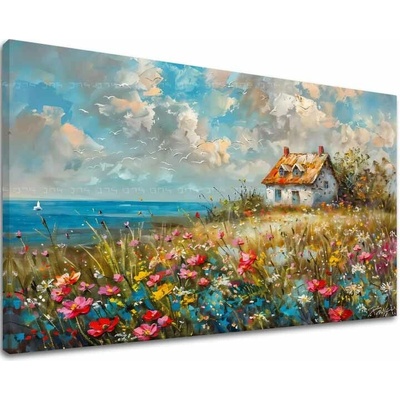 Obraz krajiny na plátne Vidiecky dom v kvetoch | dokončené rukou umelca - 60x90 cm