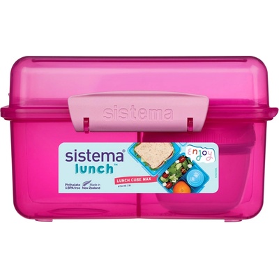 Holmes Products (Europe) Limited Кутия за закуски Sistema Lunch Cube Max с разделени части и контейнер за кисело мляко с двоен капак 2 л, розова