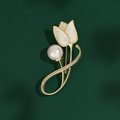Éternelle brož s perlou a zirkony Colette tulipán B2247-LXT0381 Zlatá