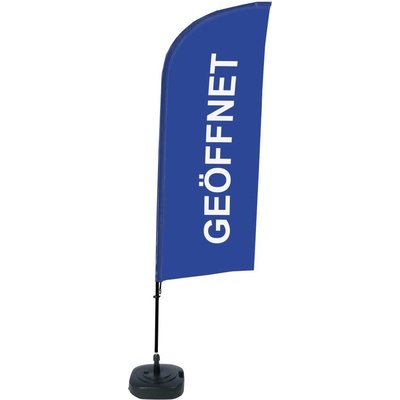 Jansen Display Kompletní sada reklamní vlajky ve tvaru křídla, Otevřeno, modrá, německy, 1105 x 3300 mm