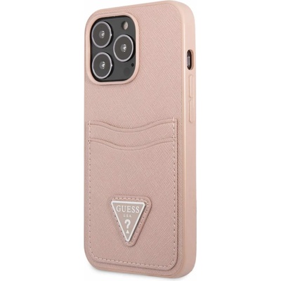 GUESS Saffiano Double Card PU Leather Hard Case - дизайнерски кожен кейс с джоб за карти за iPhone 13 Pro (розов)