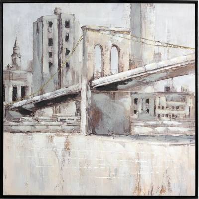 Ručne maľovaný obraz na plátne s motívom Brooklynského mosta 80x80cm - krémový
