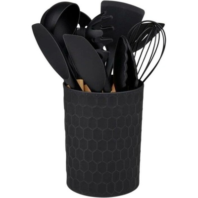 ALPINA Kuchyňské náčiní s bambusovou rukojetí ve stojanu 12 ks 32 cm černá ED-233243