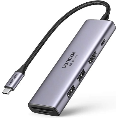 UGREEN 6-in-1 USB-C Hub 4K 60Hz - мултифункционален хъб за свързване на допълнителна периферия за устройства с USB-C (тъмносив)