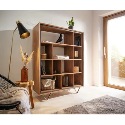 DELIFE Skříň Stonegrace 120x150 akácie přírodní 12 přihrádek kamenná dýha podnož ve tvaru "V"