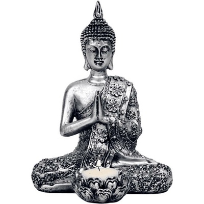 Mani Bhadra Svícen na čajové svíčky Thai Buddha Stříbrně kolorován, 20,5 cm