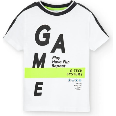 boboli Тениска с къс ръкав в бяло за момче с цветни надписи и контрастни ивици Boboli