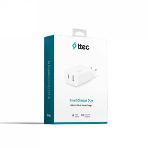 Ttec Адаптер 220V ttec SmartCharger Duo USB-C+USB-A Travel Charger 2.4 A - Бял