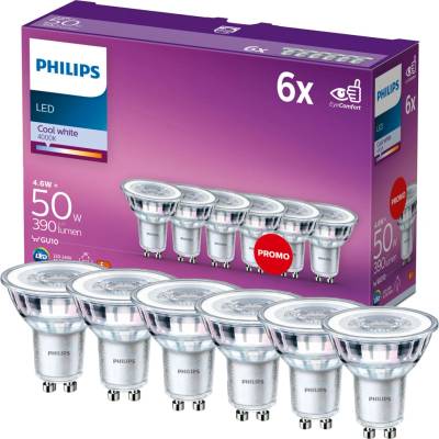 Philips žárovka LED 4,6 W, GU10, studená bílá, 6 ks