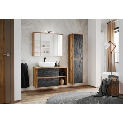 Comad Koupelnová sestava Hampton Concrete 100 cm s umyvadlem, skříňkami a zrcadlem tmavý beton/dub hunton