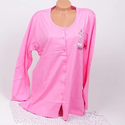 Макси дамска памучна пижама в розов и бяло с копчета