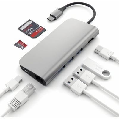 Satechi Мултифункционален хъб за свързване на допълнителна периферия за компютри с USB-C - Satechi USB-C Aluminum Multiport Adapter (тъмносив) (ST-TCMAM, 266121)