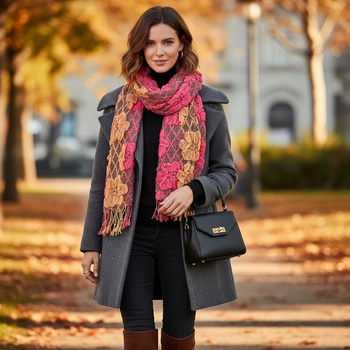 Зимен шал с цветя в жълто и розово