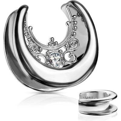 Šperky eshop ocelový plug do ucha ve stříbrné barvě zirkonová slzička ornamenty O06.02