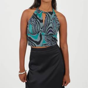 Brave Soul Womens Halter Neck Jacquard top - Black/Green