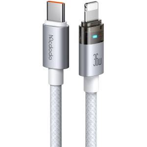 Mcdodo Кабел за данни - Mcdodo (CA-6942) - със светлина при зареждане, USB-C → Lightning, прозрачен кабел, 36W, 1.2m - Бял