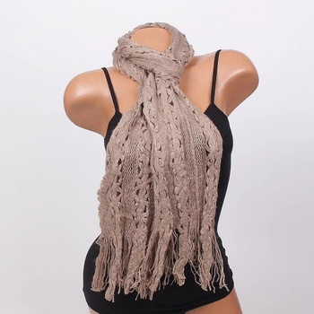 Image 1 of Плетен шал в цвят капучино с флорални мотиви и ресни