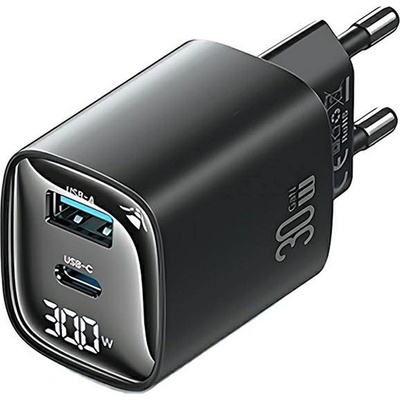 USAMS CC229 Променливотоково зарядно устройство USB+Type-C гнездо 30W, LED дисплей, ЧЕРНО CC229TC01 (CC229TC01)