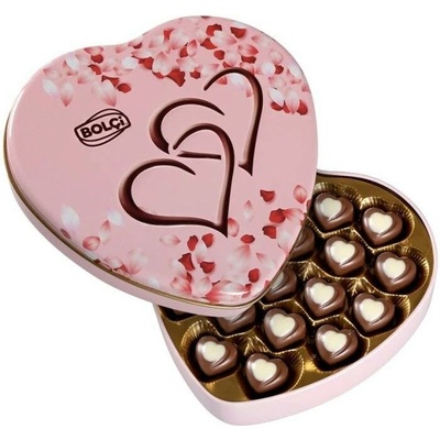 Bolci Heart pink tin box pralinky z mléčné čokolády ve tvaru srdce plech 240 g
