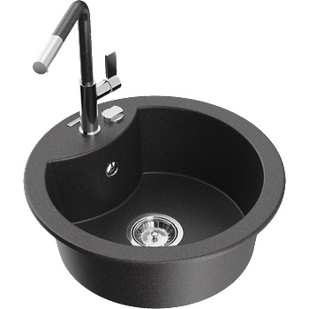 Mexen Diego мивка от гранит с 1 отделение с кухненски смесител Flora, черно на точки - 6512-76-670401-08 (6512-76-670401-08)