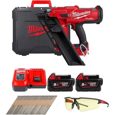 Milwaukee ELVINSET31 M18 FFN-502C aku hřebíkovačka 34° 50-90mm + hřebíky hladké 3,1x90mm D34 + ochranné brýle žluté 2x 5 Ah M18B5 4933471404