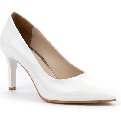 Лачени дамски обувки на тъник ток в бяло