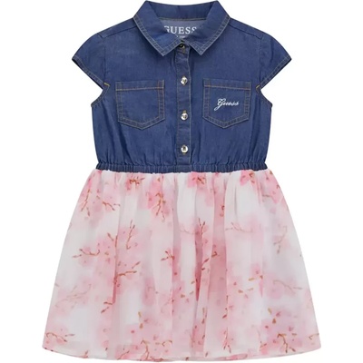 Guess Разкроена рокля светъл деним и тюл с цветя Guess