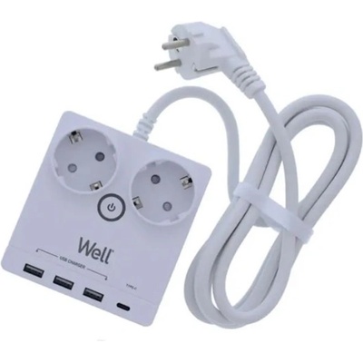 Well Мрежов разклонител 2, 4x USB, 3x USB-A, 1x USB-C, с превключвател, 2 м, бял EXTS-2S2M-PROT/USBC4-WL (EXTS-2S2M-PROT/USBC4-WL)