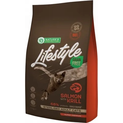 Nature's Protection CAT - LIFESTYLE Grain Free Salmon with Krill Sterilised Adult Cat, висококачествена храна за пораснали кастрирани котки от всички породи, БЕЗ ЗЪРНО, със сьомга и крил, Литва - 1, 5 кг 125028