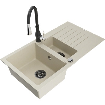 Mexen Matias гранитна мивка с 1, 5 отделения с отцедник и кухненски смесител Savita, бежов - 6502-69-672601-70 (6502-69-672601-70)