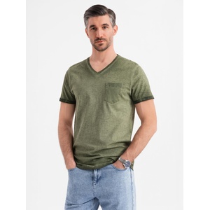 Ombre Clothing Мъжка памучна тениска с V-образно деколте и изтрит ефект - маслинено зелено Ombre Clothing | Zelen | МЪЖЕ | S