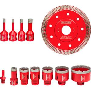  Боркорони Diamond Dry M14 Ø6-68mm комплект 12 бр. с диск, адаптер и алуминиев куфар (157866)