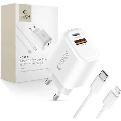 Tech-Protect NCA20 мрежово зарядно с 2 порта PD 20W / QC3.0 + Lightning кабел бял (5906302330546)