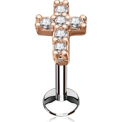 Šperky4U zlacený piercing do brady křížek čiré zirkony LB0027RDC