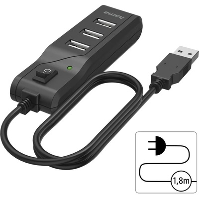 Hama USB хъб Hama 200118, 4x порта (4x USB2.0), бутон вкл. /изкл. , 1.8m, черен (200118)