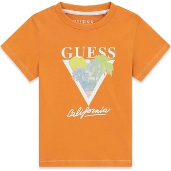 GUESS Оранжева тениска за мини момче с бял надпис Guess и палми