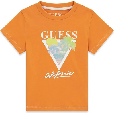 GUESS Оранжева тениска за мини момче с бял надпис Guess и палми