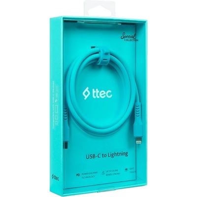 Кабел ttec - Data, USB-C/Lightning, 1.2 m, Neon Blue (8694470828282)