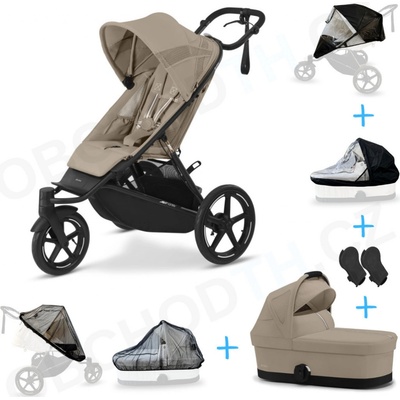 Cybex Set 6v1 Avi Spin Almond Beige 2024 + vanička Cot S Almond Beige + adaptéry + pláštenky Thule + ochranná sieť