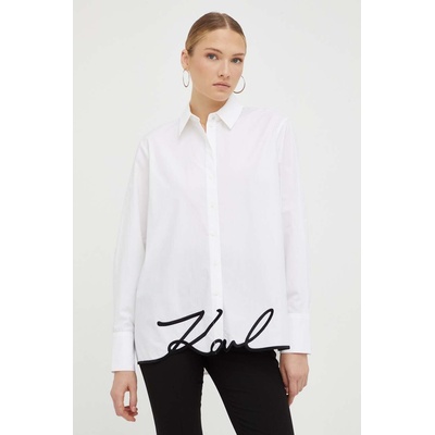 KARL LAGERFELD Памучна риза Karl Lagerfeld дамска в бяло със свободна кройка с класическа яка (236W1606)