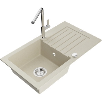 Mexen Pablo гранитна кухненска мивка с една камера и отцедник и кухненски смесител Flora, бежов - 6510-69-670401-00 (6510-69-670401-00)